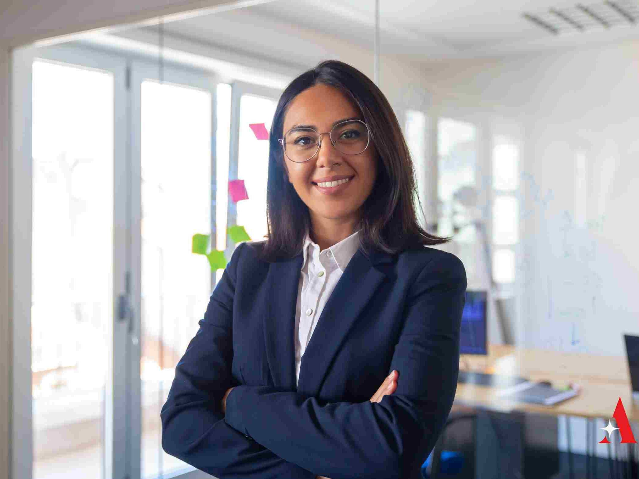 Woman looking confident in a blue suit