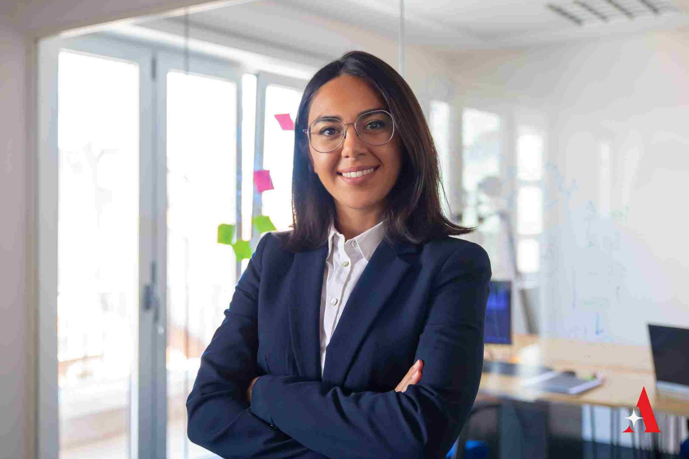 Woman looking confident in a blue suit