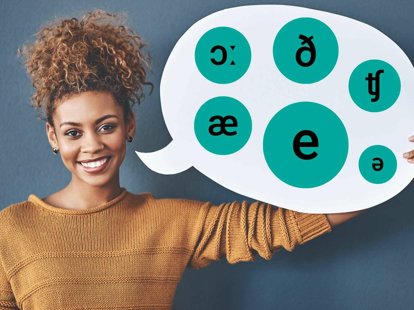 Une femme heureuse avec symboles phonetiques