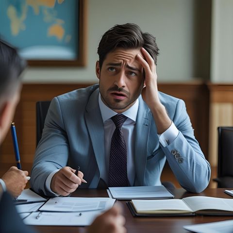 man looking stressed in a meeting